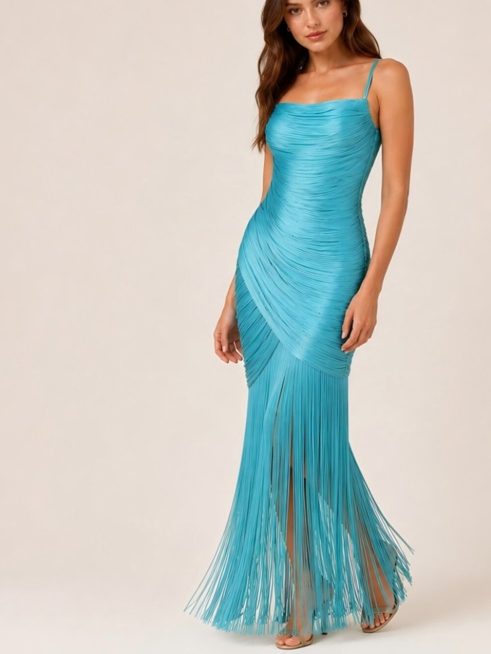Aqua Blue Fringe Cami Bandage Maxi Dress Spaghetti Strap Bodycon